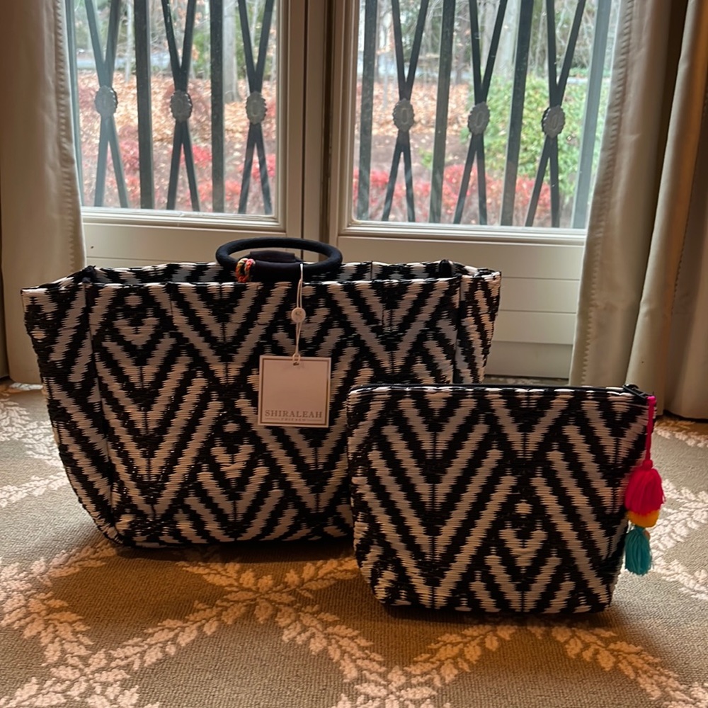 Shiraleah Black & White Woven Geometric Tote with Tassel Zip Pouch